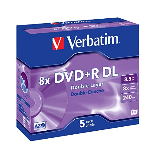 Verbatim DVD+R Double Layer Matt Silver 8.5GB, 5er Pack Jewel Case, DVD Rohlinge beschreibbar, 8-fache Brenngeschwindigkeit & Hardcoat Scratch Guard, Rohlinge DVD-R, DVD leer