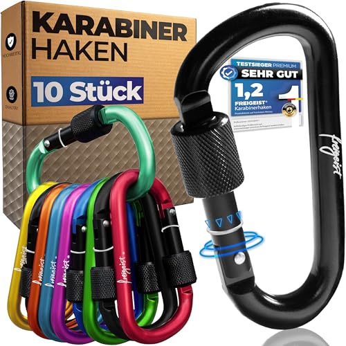 Karabinerhaken klein 10 STÜCK, Karabiner Schlüsselanhänger, Carabiner mit Schraubverschluss + Stopper, Bunte Karabinerhaken Schlüsselanhänger, 7,5 cm Karabinhaken groß genug für Arbeit, Camping..