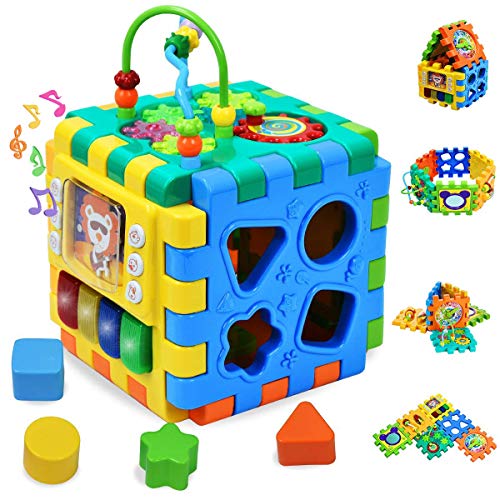 Aktivitätswürfel Baby-Spielzeug – 6-in-1 pädagogisches Entdeckungszentrum mit Formsortierer, Perlen-Labyrinth, Tier-Zeit-Lernuhr, beschäftigtes Lernzentrum für Babys, Kleinkinder