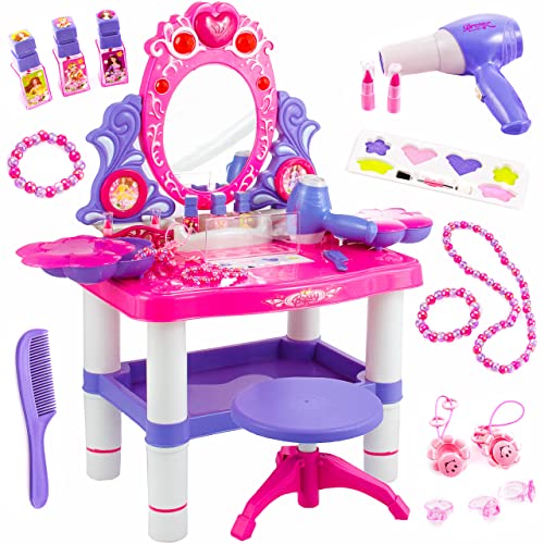 Kinderplay Schminktisch Kinder Schminktisch für Mädchen - Frisiertisch Spielzeug, Mädchen Schminkkopf Spieltisch Kinder, Rosa Schminktisch mit Hocker und Zubehör, Licht, Ton, KP2798