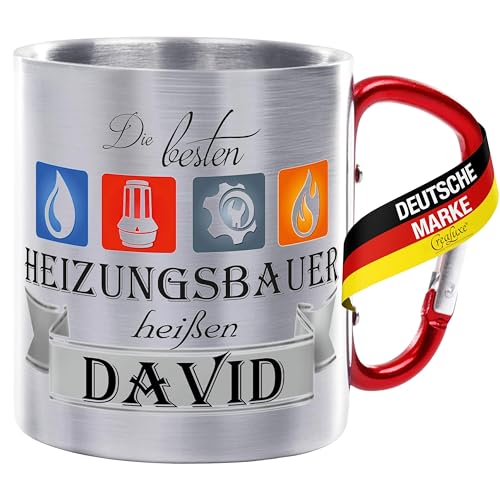 Crealuxe Edelstahltasse mit Karabiner - Die Besten Heizungsbauer heißen Wunschname - 330ml, Tasse personalisiert, Kaffeetasse, Bürotasse, Metalltasse mit Name, Geschenk