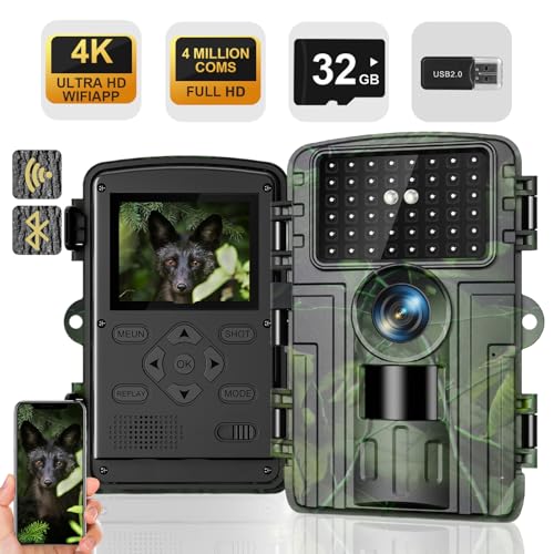 Wildkamera, 4K Video Wildtierkamera, 60MP Full HD WLAN mit Handyübertragung APP, Bewegungssensor, Nachtsicht, 0,1s Auslösezeit, Infrarot Wildkamera mit 32G Speicherkarte & Kartenleser IP66 Wasserdicht