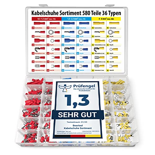 BEARTOOL® Kabelschuhe Set (580 Teile 36 Typen) Flachsteckhülsen, Flachstecker, Kabelverbinder Set, Quetschverbinder Set, Rngkabelschuhe Set