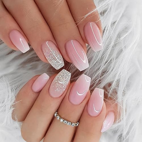 24 Stück Press on Nails Mittel, Rosa Glitzer Eckig French Künstliche Nägel, Acryl Full Cover Nägel Zum Aufkleben mit Nagelkleber Aufkleber, Fingernägel Kunstnägel Fake Nails für Frauen & Mädchen