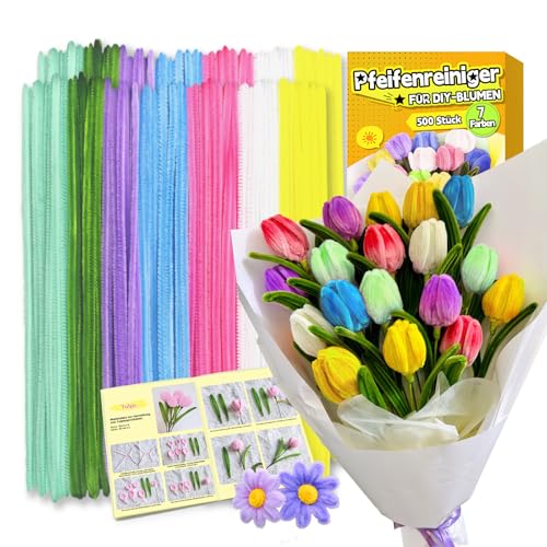 Pfeifenreiniger zum Basteln Set,500 Stück in 7 Farben Pfeifenputzer zum basteln,Pfeifenreiniger blumen,Pipe cleaner Mit Blumenstöcke,Klebebandrollen,Klebestifte,Anleitungen,Staubgefäße,Lidschatten