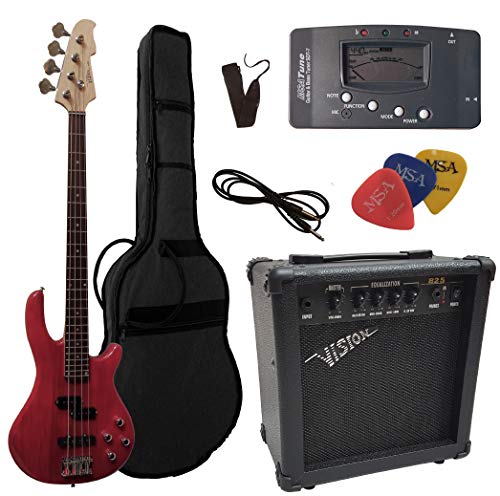 ELEKTROBASS - SET - ROT TRANSPARENT - E-BASS - GIGBAG-TASCHE - GURT - VERSTÄRKER 45 WATT - STIMMGERÄT - 3x PLEKTREN - KABEL - VISION SOUND GITARRE - LONG SCALE - JB8RT