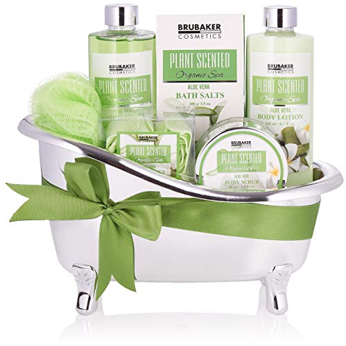 BRUBAKER Cosmetics Bade- und Dusch Set Aloe Vera - 7-teiliges Geschenkset in dekorativer Wanne - Damen Beauty Set mit Badewanne Silber