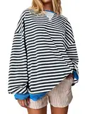 Imily Bela Sweatshirt Damen Gestreift Pullover Oversized Langarmshirt Rundhals Ohne Kapuze Pulli Striped Shirt Y2K Oberteile Tops.Schwarz.L