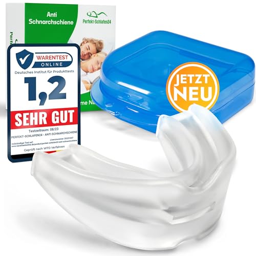 Perfekt-Schlafen24® Premium Aufbissschiene gegen Bruxismus - Test2024 [SEHR GUT] - BPA & Latex frei - Mundstück mit Aufbewahrungsbox - Zahnschiene, schützt den Zahnschmelz