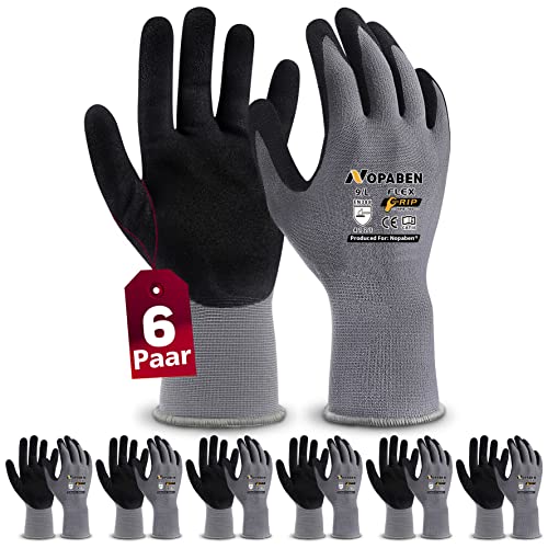 6 Paar Arbeitshandschuhe mit grip herren, mit Rutschfeste Nitril-Beschichtung Mechaniker Handschuhe, Montagehandschuhe mit optimaler Griffigkeit & feinem Tastgefühl, gartenhandschuhe damen, Größe 9/L