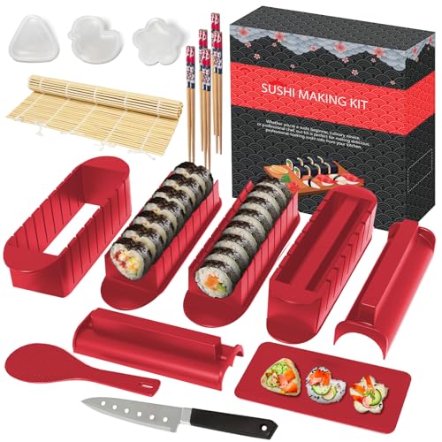 HI NINGER Sushi Maker set,Deluxe Edition 20 Artikel Kit für Anfänger zum selber machen,Sushi Maker Kit inkl Sushi Rollmatte, Sushiteller,Reis Roll Formen, Messer,Stäbchen,Komplett Sushi set(rot)