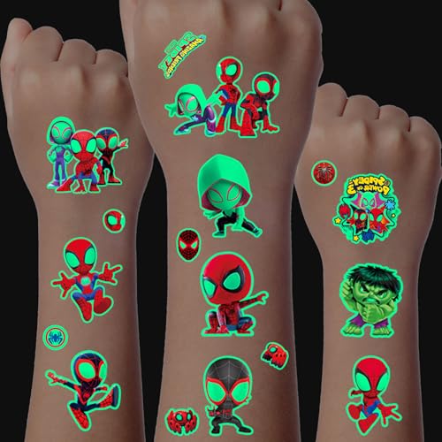 Leuchtende Tattoos für Kinder, 8 Blätter 180+ Spider Man Tattoos Set, Temporäre Tattoos zum Aufkleben, Kinder Geburtstag Party Geschenk Dekorationen, Adventskalender Kinder Geschenke