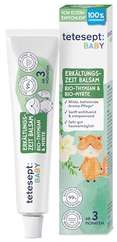 tetesept Baby Erkältungszeit Balsam – Aromaöle Bio-Thymian und Bio-Myrte für einen befreienden Duft-Effekt – Wohltuende, milde Aroma Pflege für Babys ab 3 Monaten – 30 ml