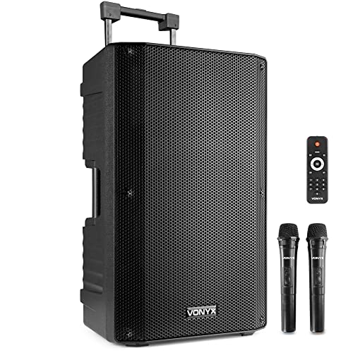 Vonyx VSA700 Partybox Bluetooth Lautsprecher groß mit Akku, 1000W Mobile PA Anlage Komplettset, 2 drahtlose Mikrofone, Mobile Lautsprecher Box mit Mikrofon, Karaoke Anlage mit 2 Mikrofonen, Schwarz