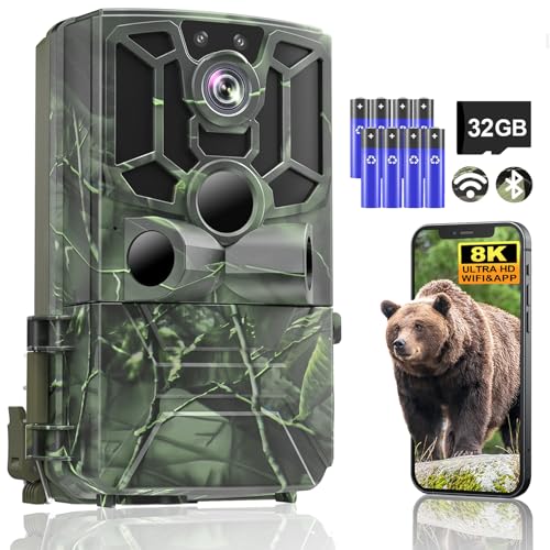 Swetfela Wildkamera, 8K Video Wildkamera mit Handyübertragung App, 60MP Full HD WLAN Bluetooth Wildtierkamera mit Nachtsicht Bewegungsmelder, IP66 wasserdichte, 32G Speicherkarte und 8*AA-Batterien