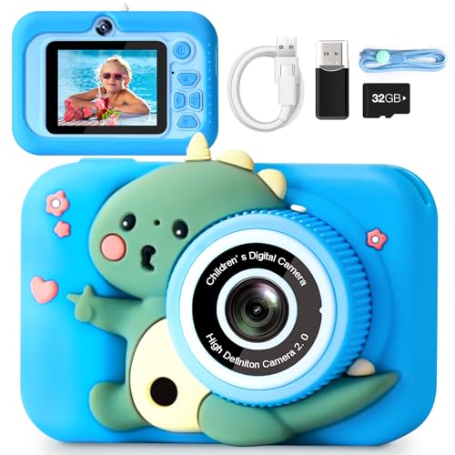 MILFECH 1080P HD 2,0-Zoll-Bildschirm KinderKamera, Digitalkamera Kinder mit Selfie Digital Video Kamera,mit 32GB-Karte für 3-12 Jahre Jungen und Mädchen Spielzeug Dinosaurier Fotoapparat Kinder(Blau)