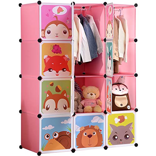 BRIAN & DANY Kinderregal Kinder Kleiderschrank Stufenregal Bücherregal mit Türen & 2 Aufhängern, tiefere Fächer als normal (45 cm vs. 35 cm), 110 x 47 x 147 cm Rosa