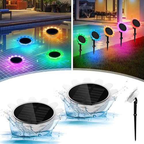 Solar Schwimmendes Licht, 2 Stück LED Poolbeleuchtung Unterwasser Solar Licht mit Landinsertion, RGB Farbwechsel Für Draußen,Poollicht,Gartendeko