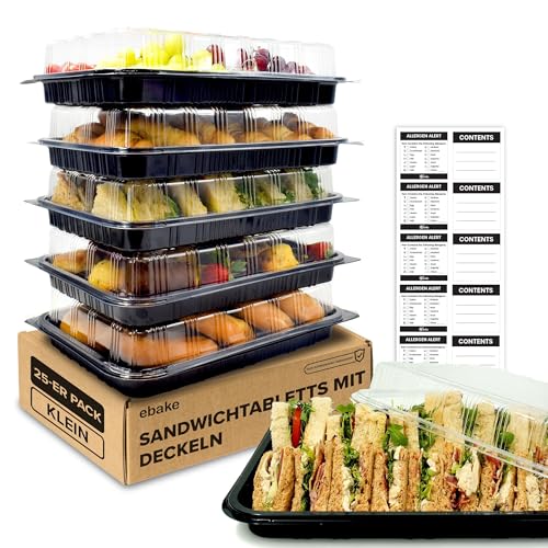 ebake Mehrweg Servierplatte mit Deckel (25 STK. à 34 x 24,5 x 7,4 cm) - Meal Prep Boxen für Partys usw. - Ideal als Food Container Box, Menüteller & Meal Prep Box - Inklusive Sticker-Etiketten