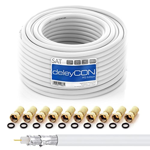 deleyCON HQ 20m SAT Koaxial Kabel 130dB - 4-fach geschirmt für DVB-S - S2 DVB-T und DVB-C - Stahl/Kupfer Innenleiter - 4K 1080p FULL HD HDTV - inkl. 10x vergoldete F-Stecker