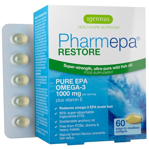 PharmEPA RESTORE 1000mg reines EPA in Triglyceridform, Omega 3 90% EPA Fettsäuren in Fischölkapseln, Hochdosiert, Dreifache Stärke, 60 Kapseln, von Igennus