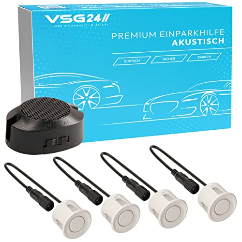 VSG24 Premium Einparkhilfe hinten zum nachrüsten am Auto, PDC Parksensoren hinten mit Stecksystem für einfachste Montage Rückfahrwarner mit Lautsprecher & 4 Sensoren Parkhilfe Nachrüstsatz Weiß