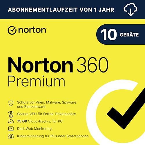 Norton 360 Premium 2024 | 10 Geräte | Antivirus | Secure VPN | Passwort-Manager | 1-Jahres-Abonnement | PC/Mac/Android/iOS | Aktivierungscode per Email