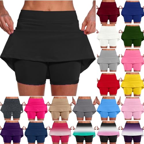 Hosenrock schwarz, Hosenrock Damen Kurz 2 in 1 Sport Shorts Rock mit Hose Drunter Sommer Tennisrock Casual Hohe Taille Laufrock Sportrock mit Taschen Leicht Skort für Golf Wandern Radfahren