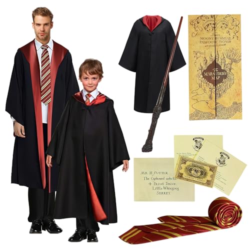 TUNAON Harry Kostüm 6-teiliges Set für Erwachsene und Kinder, inklusive Zauberer Umhang, Zauberstab und Krawatte. für Halloween, Karneval, Cosplay und Geburtstag, Rituale voller (Rosa, XXXL)