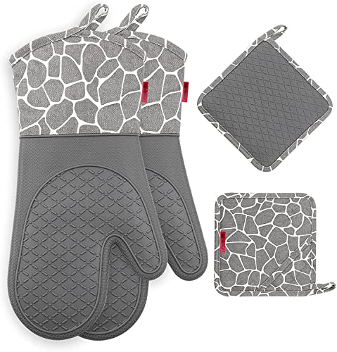 Gesentur Ofenhandschuh, Topfhandschuhe Anti-Rutsch Hitzebeständige Silikon und Baumwolle 1 Paar und 2 Topflappen (Gray)