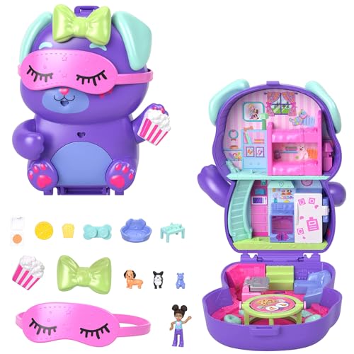 Polly Pocket Puppen und Spielset, Übernachtungsparty-Welpen-Schatulle, Spielzeug für unterwegs mit 1 kleinen Puppe, Hündchen, Zubehör für Mode und Essen, JCR38