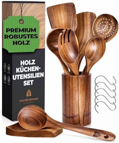 Holz Kochbesteck-Set mit Halter, Pfannenwender Kochlöffel Schöpfkelle Nudelheber Servierlöffel Sieb – mit Haken, Halter und Ablage – 13-teiliges-Set Küchenset – hochwertig & nachhaltig