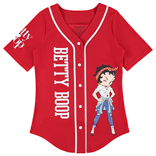 Betty Boop Damen-Baseballtrikot, Bonnie, Margie und Mae, Netzstoff, Button-Down-Baseballtrikot, Vintage-Shirt, Rot/Ausflug, einfarbig (Getaway Solids), 3X-Groß