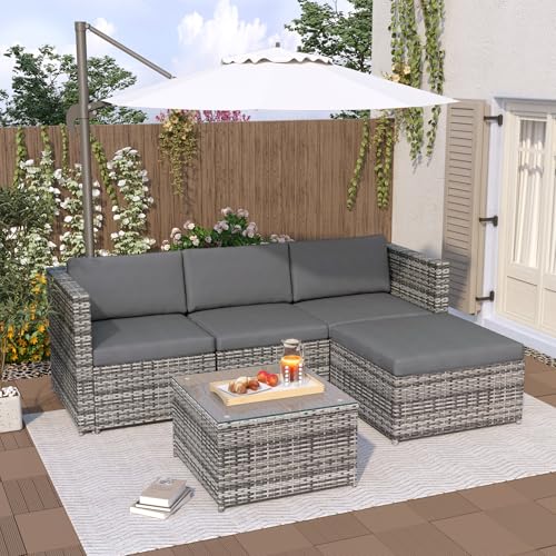 Merax Polyrattan Lounge, Gartenmöbel Set Balkonmöbel für 3-4 Personen, Gartenlounge, Sitzgruppe Outdoor mit Kissen und Glastisch, Terrassenmöbel, Ecksofa, für Garten Balkon und Terrasse, Grau