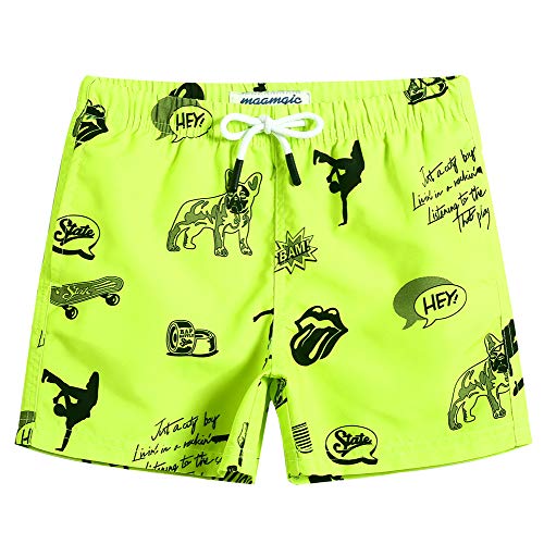 MaaMgic Kleine Jungen Badeshorts Schnelltrocknend Boardshorts mit Mesh-Futter Taschen und Verstellbarem Tunnelzug MEHRWEG, Bulldogge Grün, 10-12 Jahre