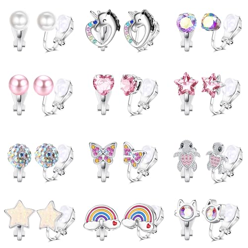 FIOROYAL 12 Paar Ohrclips Mädchen Hypoallergene Clip Ohrringe Mädchen Niedlich Bunte Zirkon klipp ohrringe Kinder Mädchen Schmetterling Perle Ohrringe Ohne Ohrloch Ohrclips Kinder Mädchen