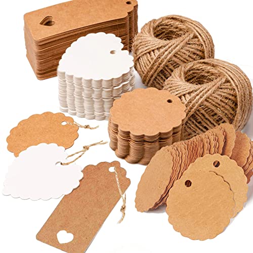 300stk Kraftpapier Rund Anhänger Etiketten Stern Geschenkanhänger und Jute Schnur 60M für Hochzeit Geschenke zum Basteln