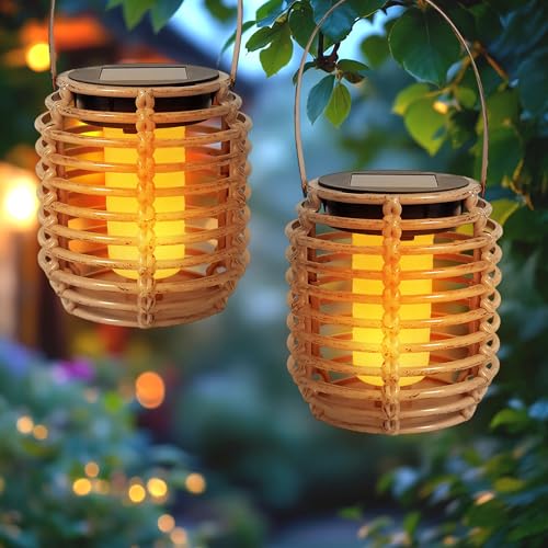 Solar Mini Leuchte in Rattan Optik 11 x 10 cm - 2er Set - LED Laterne klein zum Hängen oder Stellen - Garten Deko Party Beleuchtung Solarlaterne Solarlampe Lampion Hängeleuchte
