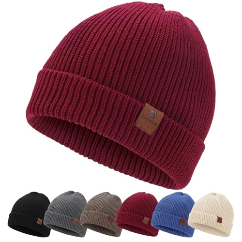 BARFULKER Winter Beanie Mütze Damen Herren Warm Gefüttert Wintermützen Thermo Strickmütze Laufmützen Dehnbare Weiche Wollmütze Unisex Hat,Rot