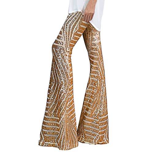 Glitzer Strumpfhose Damen Festival Pailletten High Waist Bootcut Hose Mit Mode Glänzend Hight Taille Discotanz Lang Hosen Party Strassenmode Weites Bein Elastisch Elegant Outdoorhose (Khaki, S)