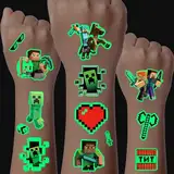 Leuchtende Tattoos für Kinder, 8 Blätter Minecraft Temporäre Tattoo Set,Tattoos zum Aufkleben, Kinder Geburtstag Party Geschenk Dekorationen, Adventskalender Kinder Geschenke