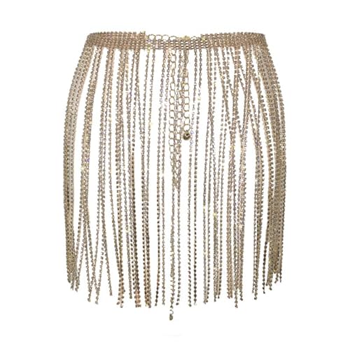 Damen Karneval Rock Fransen Helle Strass Kette Gold Bühne Leistung Gürtel Taille Nachtclub High Waist Sexy Minirock Glitzer Karnevals Kostüme Elagant Party Röcke Hohe Bund Kurze (Gold, One Size)