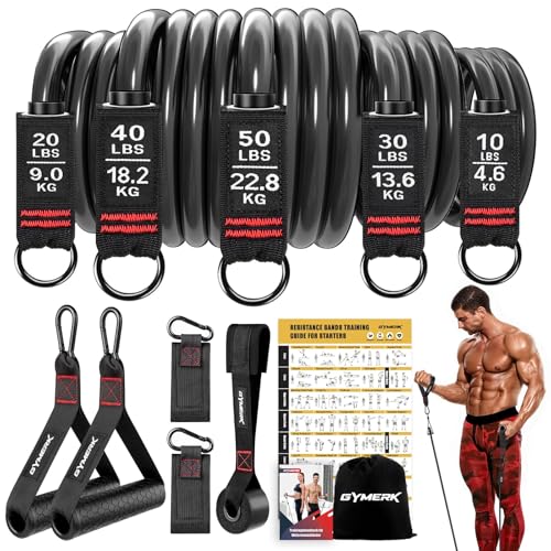 GYMERK Resistance Bands Set, Expander Fitness Mit Gummigriffe, Trainingsplakat, Knöchelriemen, Türanker, Tragtasche, 5er Verschiedene Widerstandsstufen Ideal für Krafttraining Physiotherapie