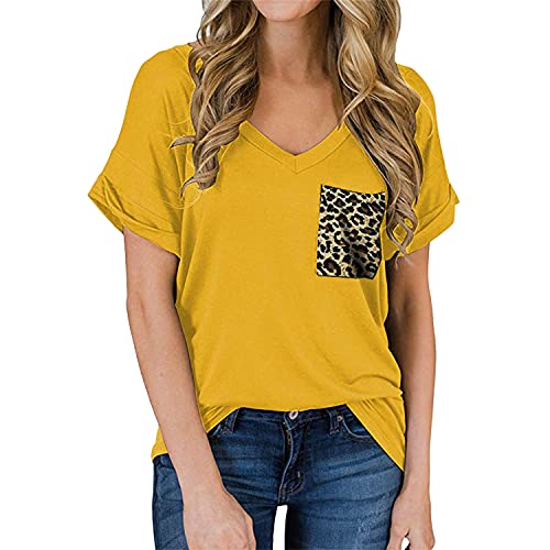 Damen-T-Shirts KurzäRmliger V-Ausschnitt, Lockere, LäSsige Sommeroberteile Einfarbiges Basic-Tunika-T-Shirt Mit Tasche (M,Gelb 2)