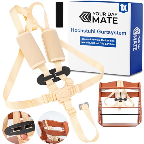 Hochstuhl 5-Punkt Gurtsystem, 1 Set, kompatibel mit Hauck, Stokke Tripp Trapp, Roba, in Beige, Hochstuhlgurt mit 2 x Gurtpolster und 1 x Brustclip, verstellbarer Kinderhochstuhl Sicherheitsgurt