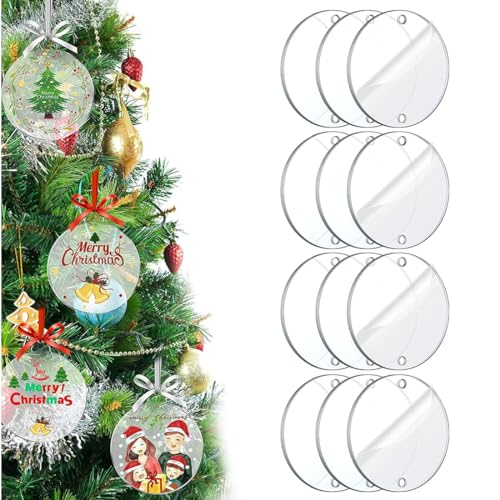 KXUSW Acrylscheibe Rund Mit Loch 12 Stück-Acrylplatte-Acrylplatte Rund 75mm-Runde Acrylplatte-Geeignet Für Heimwerkerarbeiten, Rahmenmalerei, Christbaumschmuck