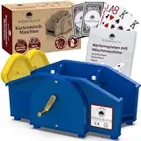 Weidebach® Blaue Kartenmischmaschine mit Goldener Kurbel für alle Standard Kartenspiele, Kartenmischer mit 2X Kartenspielen & Ersatzkurbel, Karten Mischgerät mit Buch für lustige Spieleabende