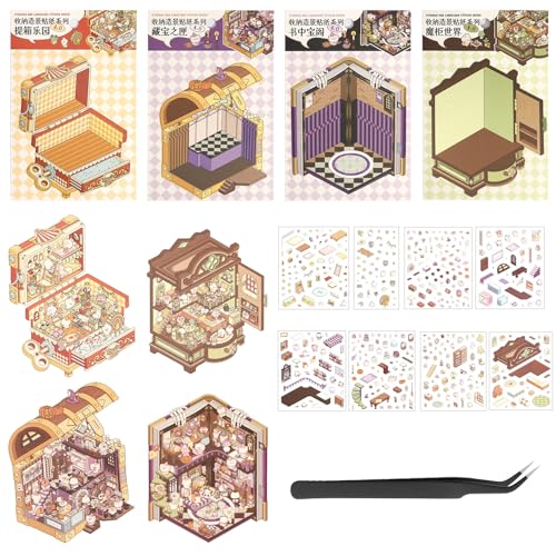 DIY 3D House Stickers 4 Sets Fun DIY Stickers Scene mit Tweezer Stacking Scene Sticker Machen Sie Ihren eigenen Schränke Koffer Schatzkisten Bücher für Erwachsene und Kinder