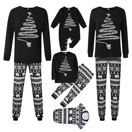 Familien Pyjama kurz Damen Schlafanzug Lang Schlafanzug Winter Pyjama Set V-Ausschnitt Langarm Pyjama Set(Black,Medium)