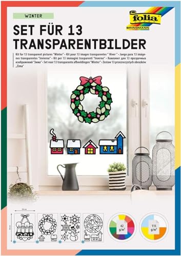 folia 23822 - Transparent - Bilder, im Winter Design, Set für 13 Transparentbilder, zum Basteln von farbenfrohen Fensterbildern und Anhängern für Bäume und Sträucher